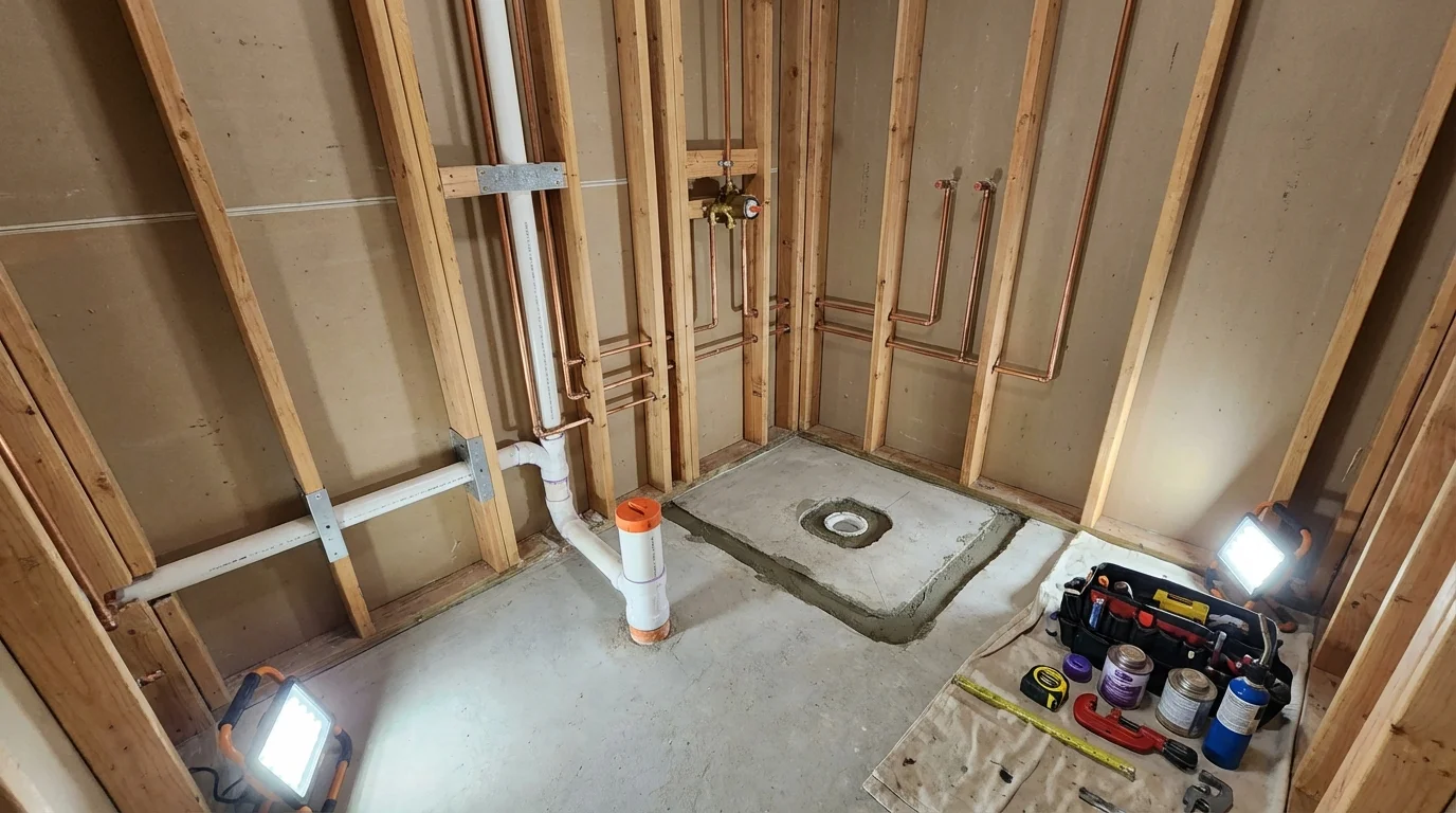 Bathroom rough-in plumbing during remodel by Johns Plumbing LLC in Haughton