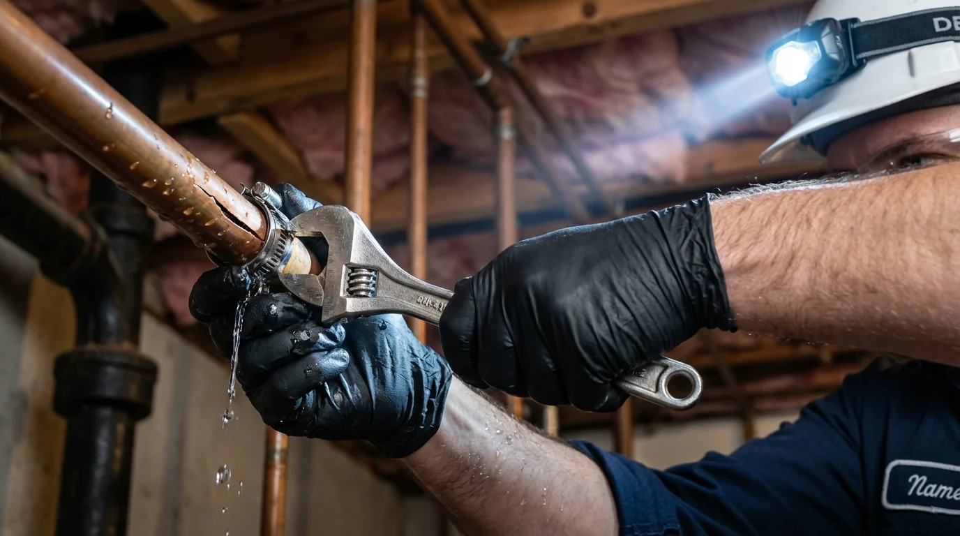 Emergency pipe clamp repair being performed by a Johns Plumbing LLC plumber in Haughton