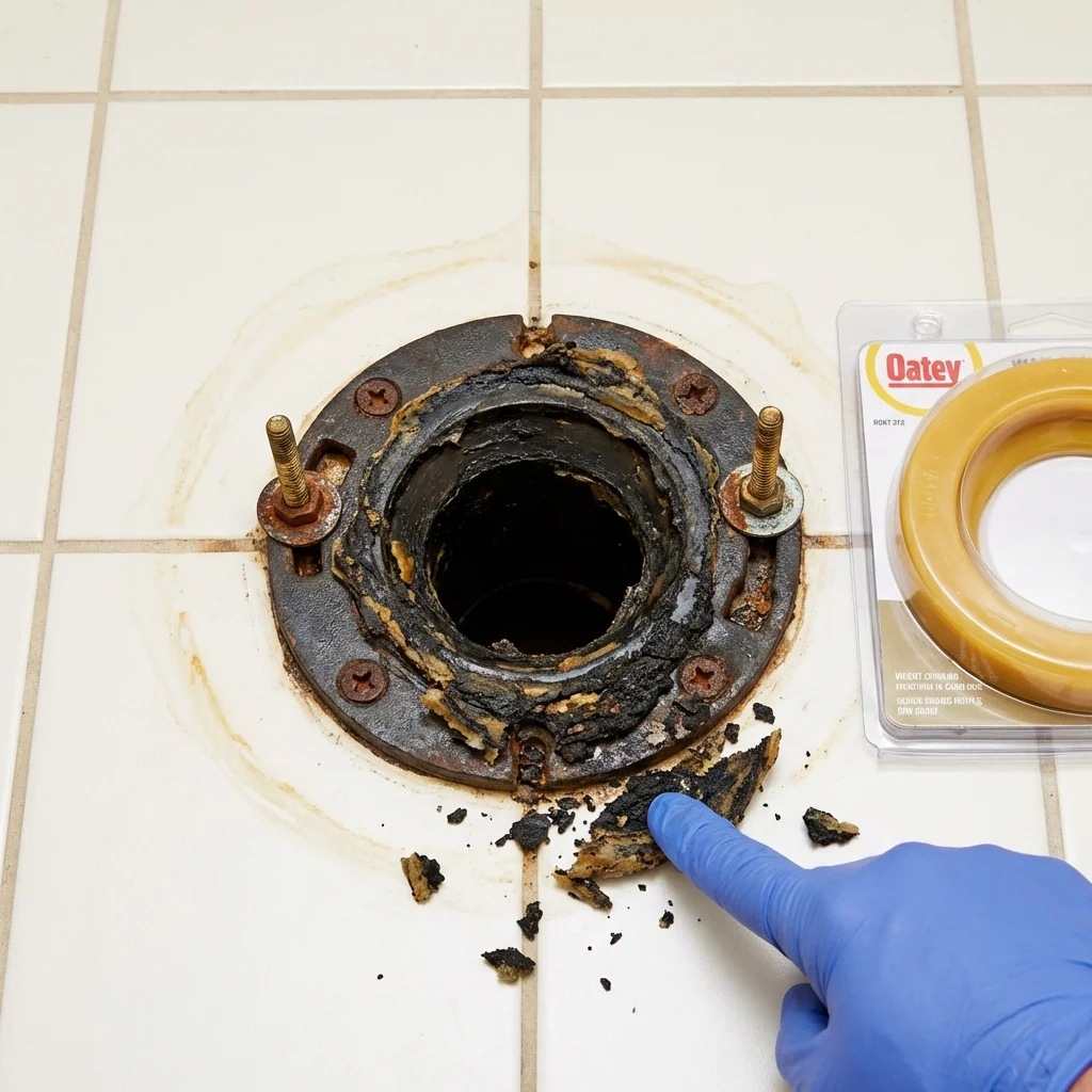Failed wax ring showing water seepage at the base of a toilet in a Haughton, LA home