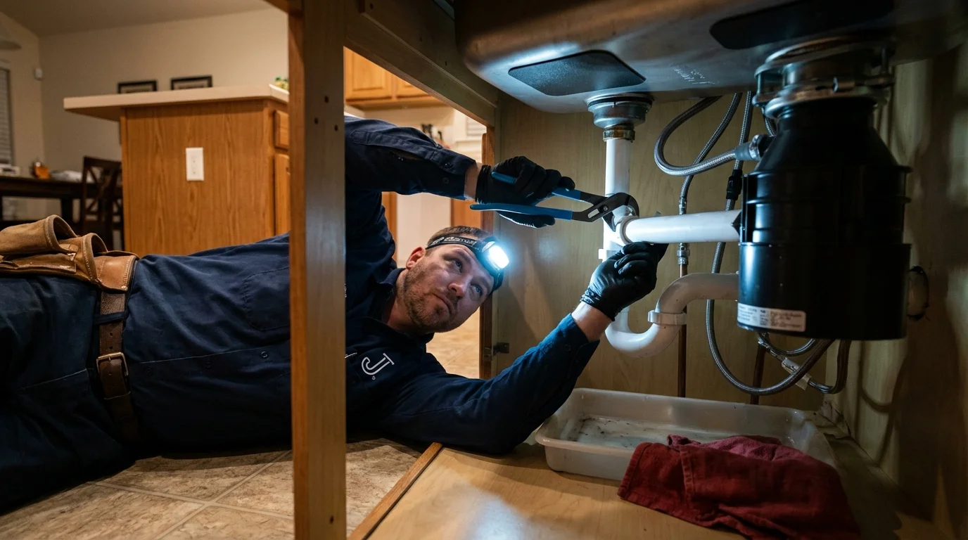 P-trap and supply line connections under a kitchen sink showing a common leak point in Haughton, LA